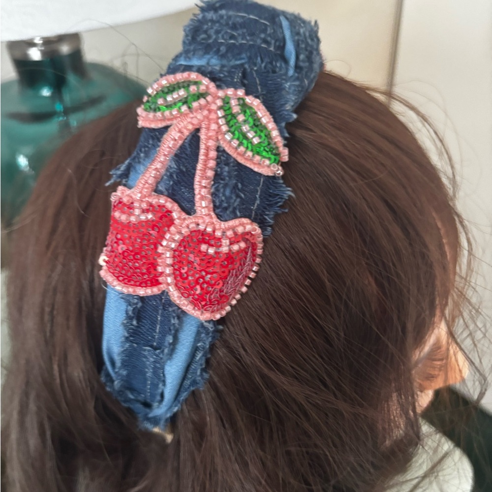 Beaded Distressed Dark Denim Headband with Cherry Design